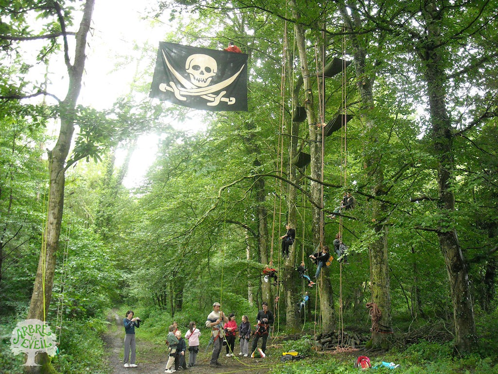 Dans une forêt verdoyante, des cordes et des hamacs sont accrochés dans des arbres bien droits. Des enfants sont en train de grimper. Au sol, d'autres attendent leur tour en compagnie d'adultes, l'un montrant comment faire des noeuds, l'autre prenant une photo. Un drapeau de pirate est accroché tout en haut entre deux arbres